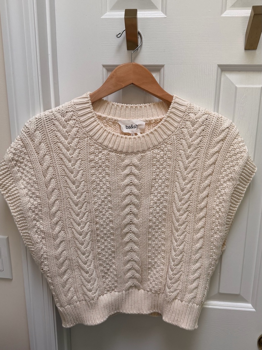 ba&sh Ivory Cable Knit Short Sleeve Pullover